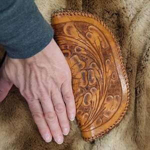 Vintage 70s Hand Tooled Floral Leather Half Moon Clutch Purse